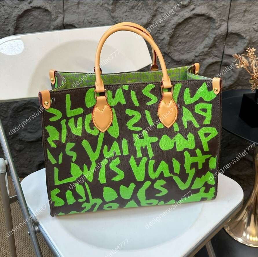 10A Luxury womens designer bag ladies letter graffiti tote bags pink green white leather shoulder crossbody Bag women handbag purse 34cm high quality