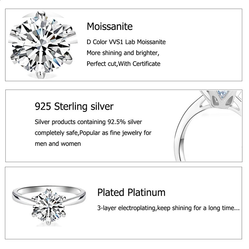 0.5ct 1ct 1.5ct 2ct D colored silica stone womens engagement ring 925 sterling silver gold-plated card ring wholesale 240918
