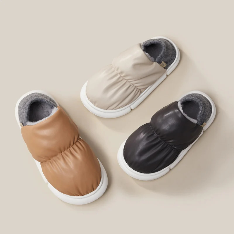 UTUNE PU Winter Women Slippers Warm Plush Outside Men Shoes Soft Thick Sole Home Non-slip Indoor Slides Waterproof Snow Boots 240914