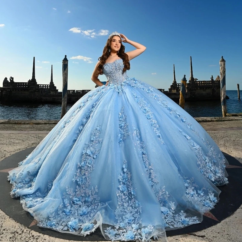 Shiny Princess Quinceanera Dresses Ball Gown Lace Applique Beading Tull Birthday Party Corset Sweet 16 Dress Vestido 15 De Anos 0220