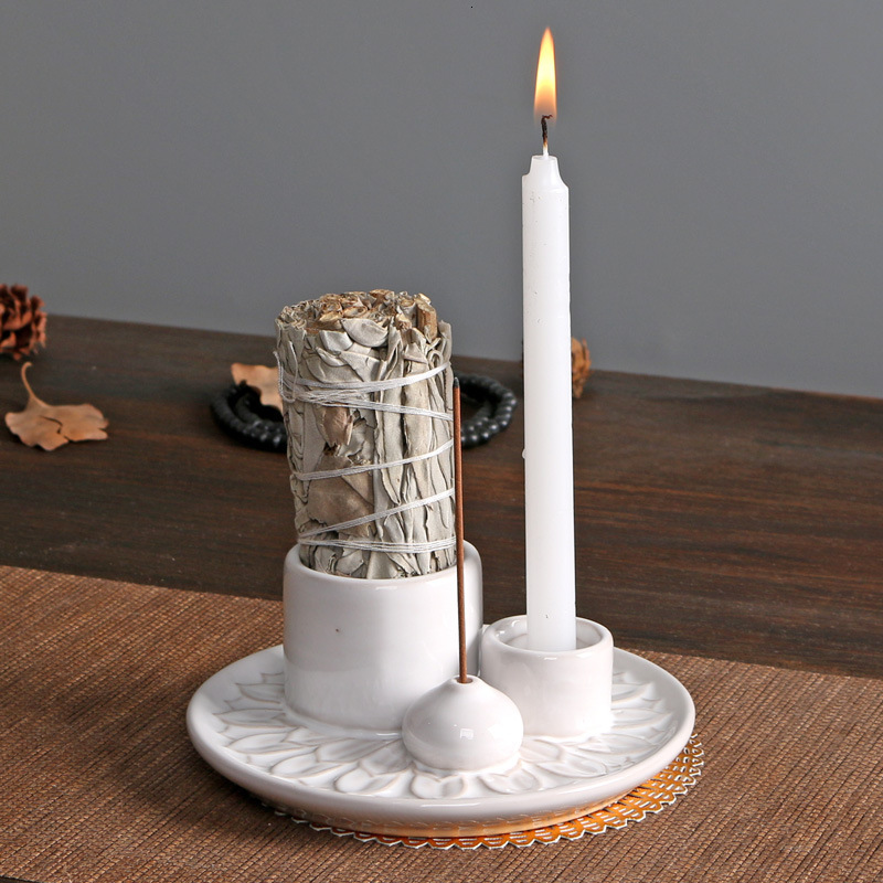 Minimalist Style Ceramic Candle Holder Aromatherapy Stove Cup Atmosphere Decoration Sage Holy Wood Plate