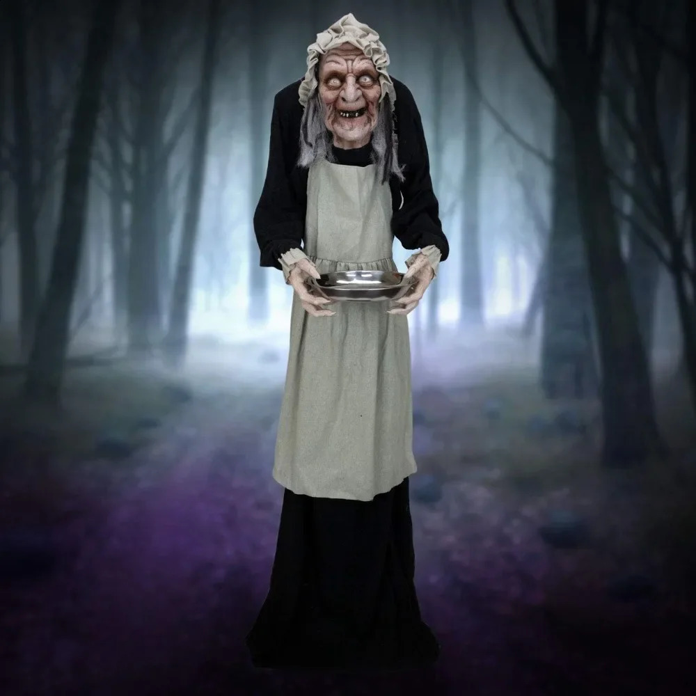 Halloween Animatronic Scary Old Lady with Candy Dish 5ft Animated Halloween Decoration Old Lady Horror Halloween Decoration 240913