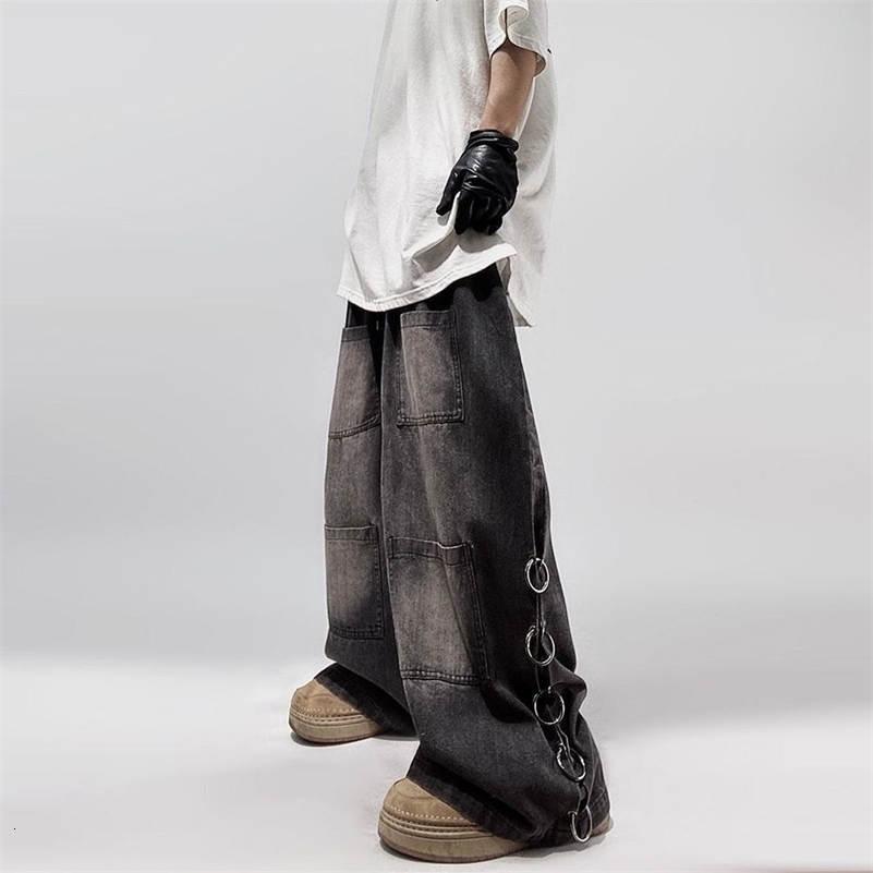 American Style Oversized Pocket Retro Baggy Jeans Men Y2k Hip Hop Punk Wide Leg Straight Overalls Black Denim Pants Streetwear 240918