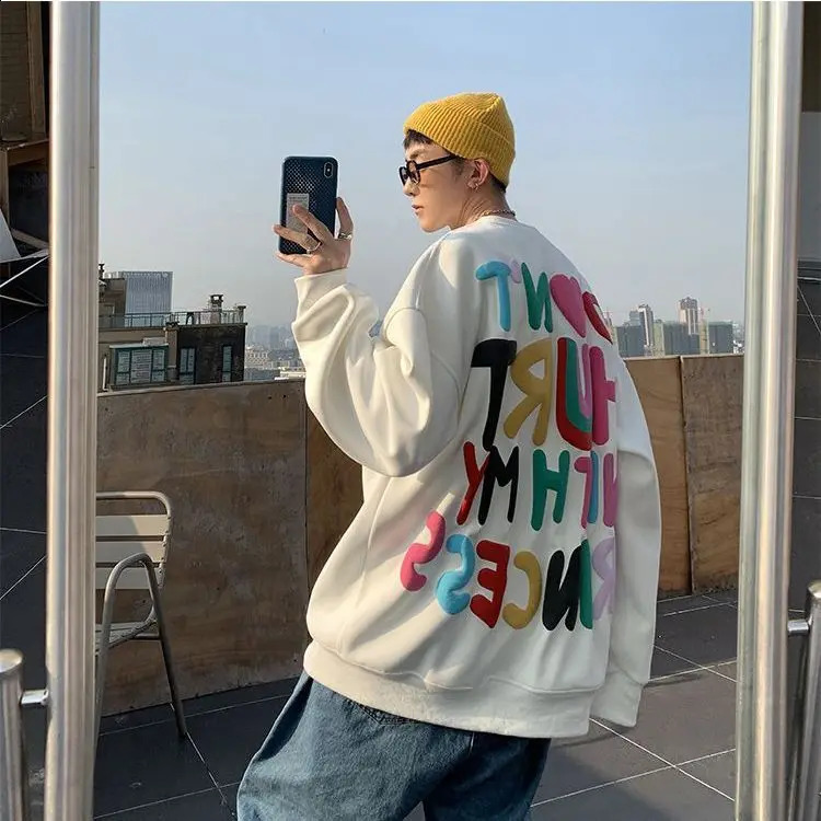 Spring and autumn round neck sweater men oversized foam printing Hong Kong style couple sweater Y2k long-sleeved loose top 240912