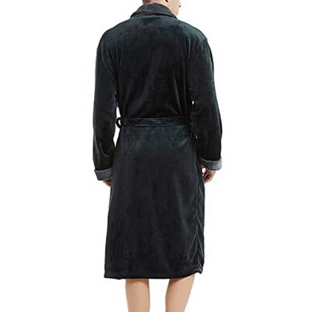 2024 Winter Mens Bathrobe Solid Color Belt Flannel Hooded Bath Robe Pockets Warm Men Nightgown Home Gown Sleepwear Men Clothing Y240919