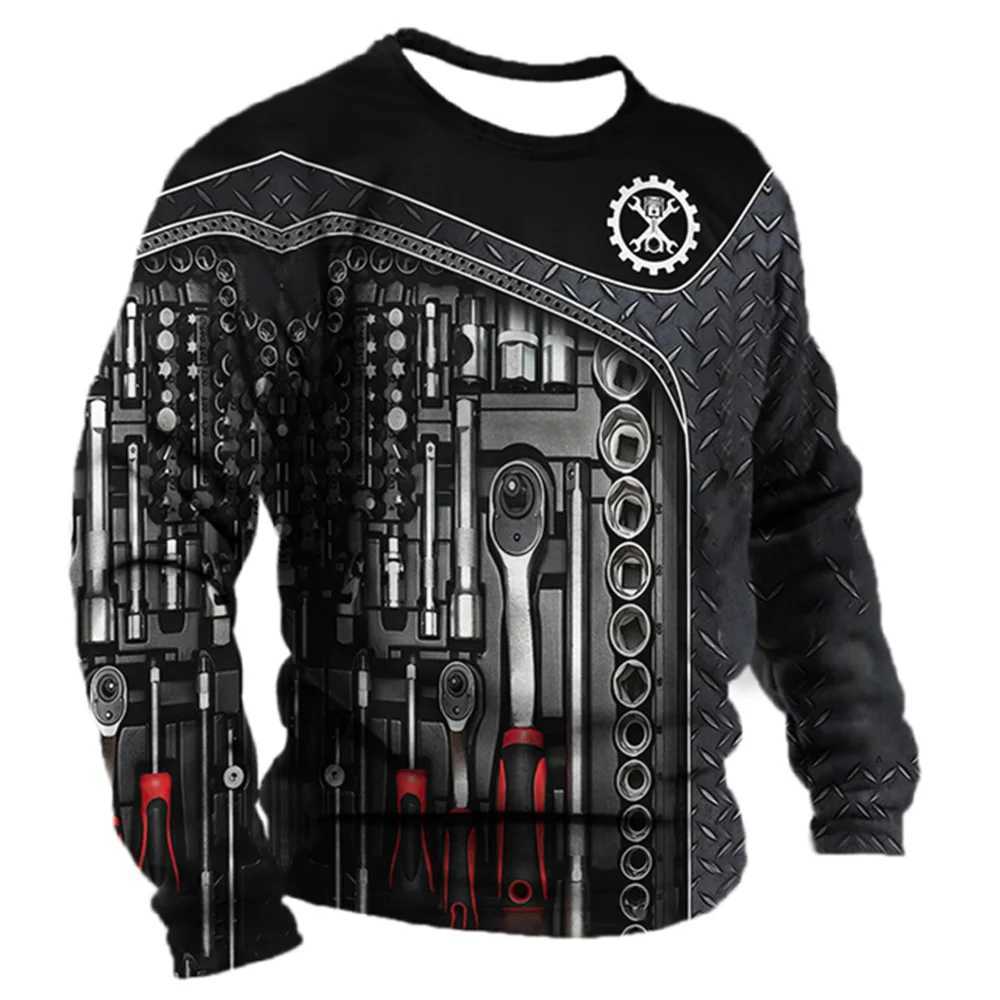 Vintage Mens Long Sleeves T -shirt Mechanic Pattern 3D printing Mens Clothing Spring and Autumn Casual Long Sleeve T-shirtX240919
