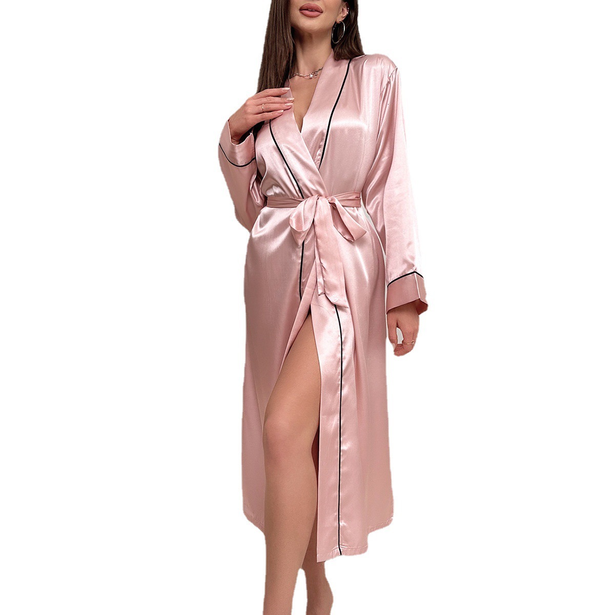 Long Ice Silk Nightgown Summer Thin Fashion Simple Home Fur Women's Sexy Cardigan Bathrobe