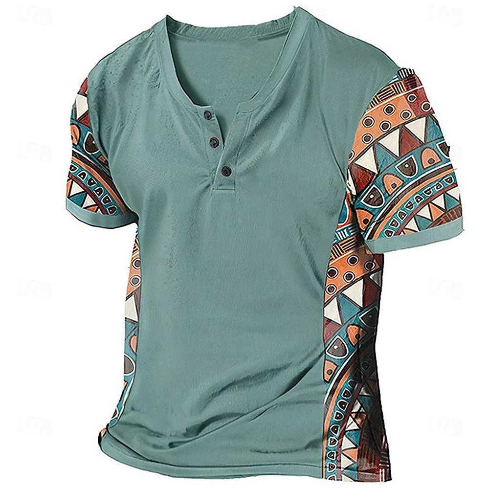 Ethnic Style Tribal 3D Printed Henley Shirts Mens Fashion Vintage Streetwear Button Short Sleeve T Shirt Tees Tops Man Clothing Z240919