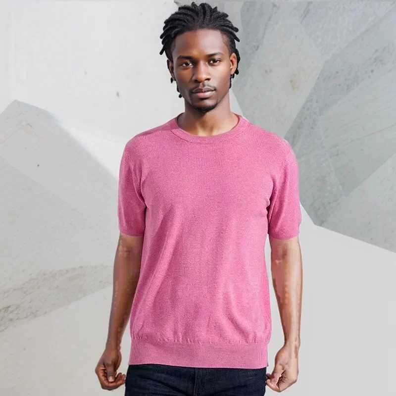 Superfine Merino Wool T Shirt Mens Knitted O-neck Breathable Thin Cashmer Short Sleeve Tee Solid Color knit Tops Sweater Z240919