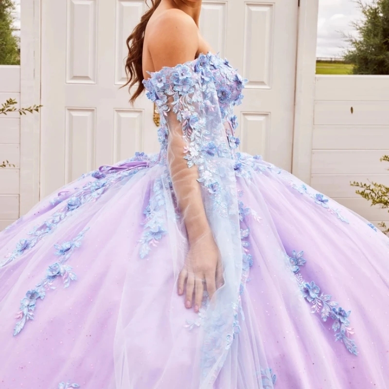 Mexico Light Lavender Quinceanera Dresses Applique Lace Beads Lace Up With Cape Party Prom Gown Vestidos 15 De Anos Sweet 16 Dress