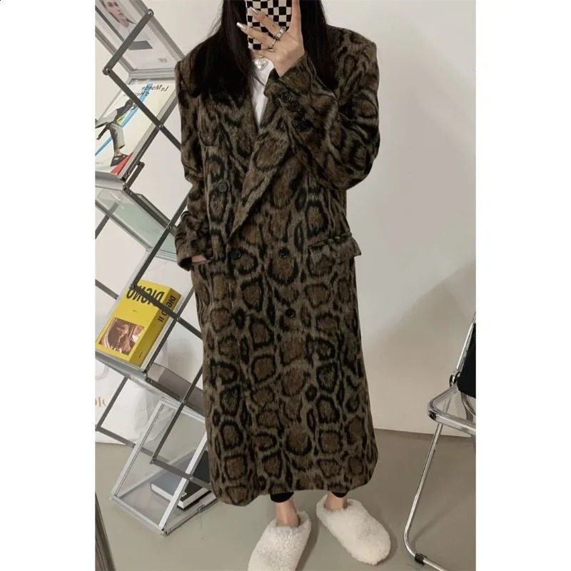 Miiiix Double Breasted Leopard Print Suit Woolen Coat Womens Winter Fashion Loose Jacket Trend Female Clothing 240909