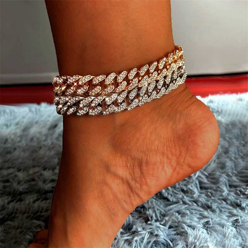 Iced Out Chain Metal Miami Cuban Anklet for Women Bling Gold Silver Color Full Rhinestone Paved Ankle Bracelet Jewelry 230719