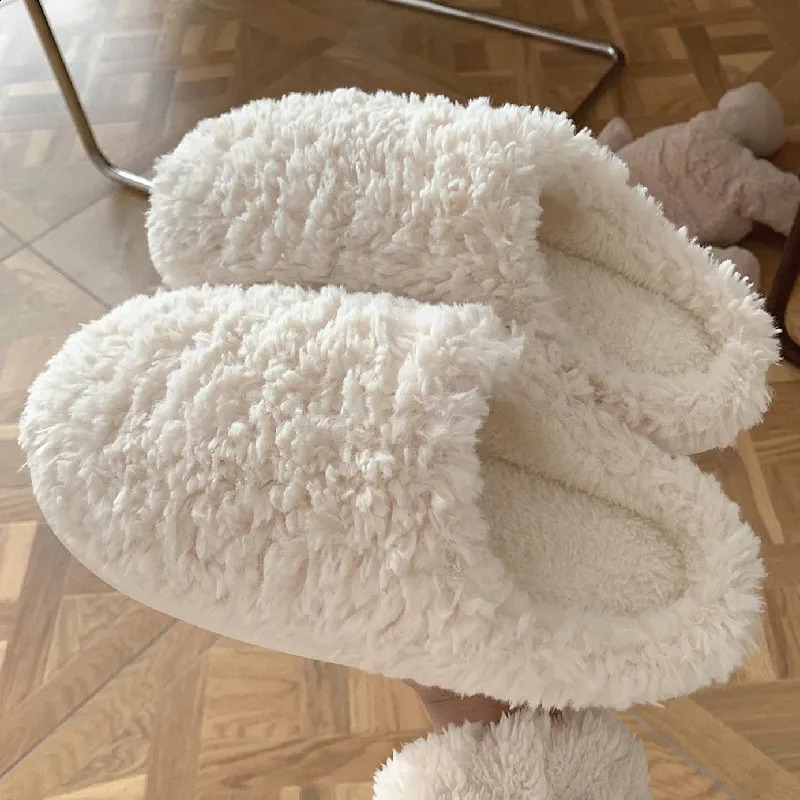 Japanese Simple Solid Color Home Slippers For Women Cute Fluffy Winter Warm Indoor Bedroom Slides Female Furry Shoes 240914