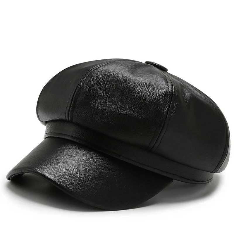 Men PU Leather Berets Hat Retro British Solid Beret Women Baseball Cap Outdoor Sun Hat Winter Warm Octagonal Hats Newsboy CapsX2409