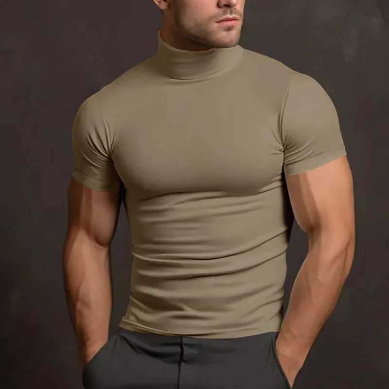 Summer Men Turtleneck Cotton Short Sleeve Slim Body T-Shirt Men Solid Color Base shirt Modale High Collar Short-sleeved Tshirt Z240919