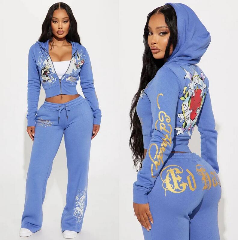 Women's Joggers 2-Piece Printed Sportswear Hoodie Zipperand Ed Hardytracksuit Sweatpants Set Letter Print Short Sleeve High Street 6A6 C260312