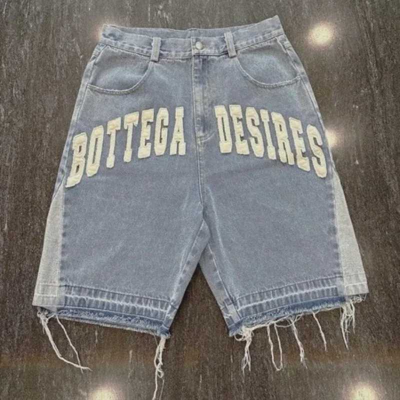 Y2K Street Harajuku Letter Pattern Embroidery Baggy Denim Shorts Men American Style New Fashion Gothic High Waist Short JeansX240914
