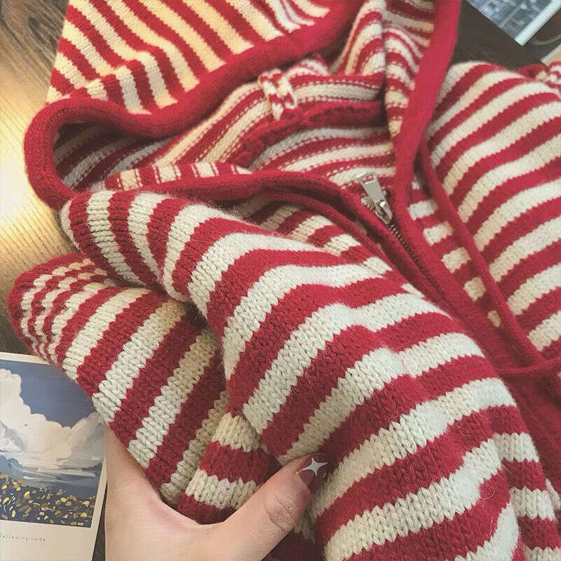 Korean Fashion Stripes Hooded Knit Cardigan Woman Red Loose Casual Autumn Winter Sweater Zipper Coat Oversized Long Sleeve Top