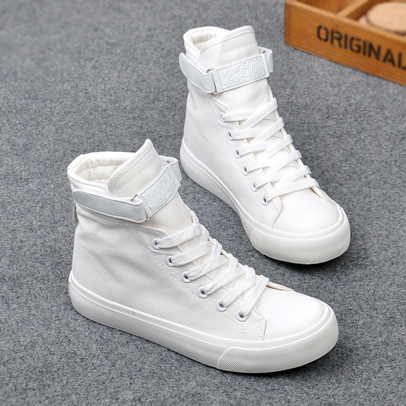 New Fashion High Top Sneakers Canvas Women Casual Shoes White Flat Female Basket Lace Up Solid Trainers Chaussure Femme