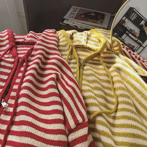 Korean Fashion Stripes Hooded Knit Cardigan Woman Red Loose Casual Autumn Winter Sweater Zipper Coat Oversized Long Sleeve Top