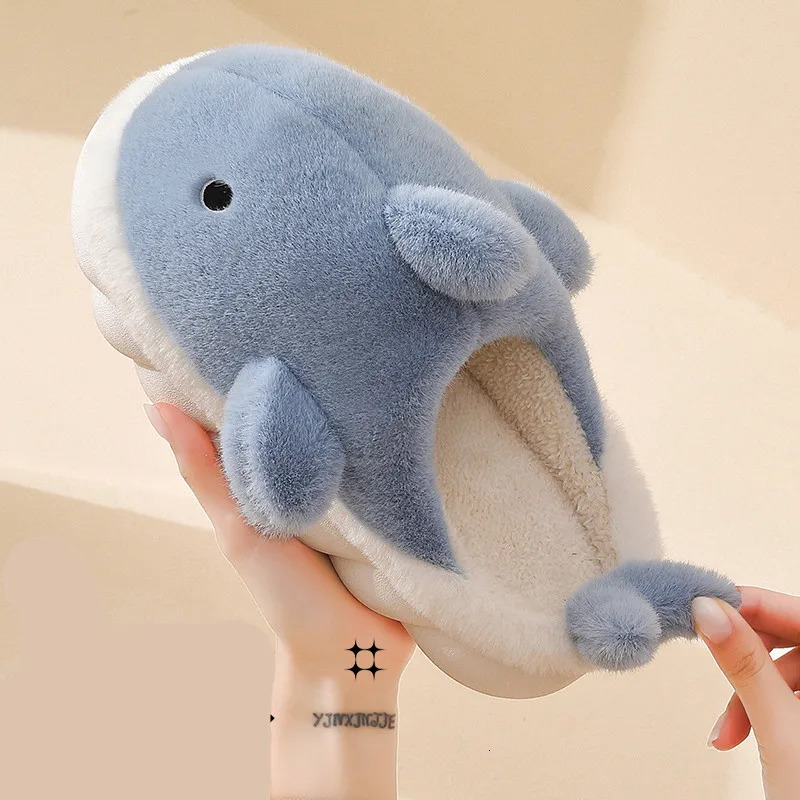 Funny Animal Shark Cotton Women's Thick Soles Home Slipper 2022 Winter New Warm Non Slip Lovely Plush Couple Slippers