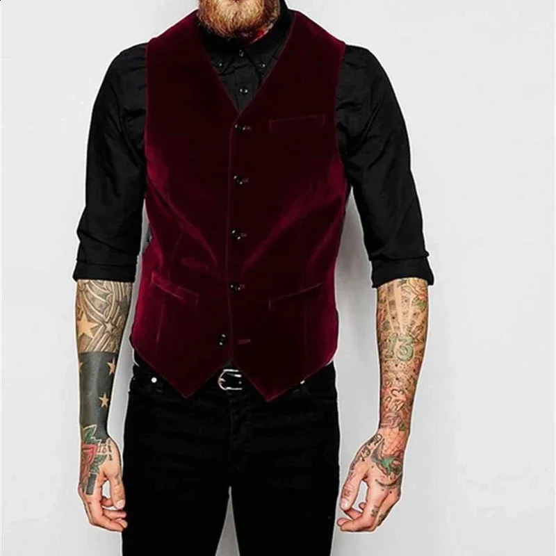 Burgundy Velvet Vest for Men Suit V Neck Single Breasted 1 Piece Casual Male Waistcoat Fashion Coat 240919