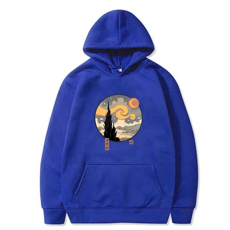 Starry Ukiyo-E Night Printed Hooded Sweatshirt Mens Autumn and Winter Wool Sweatshirt Casual Fashion Hoodie Pullover Warm Top W240919