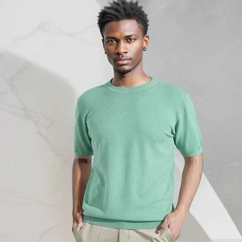 Superfine Merino Wool T Shirt Mens Knitted O-neck Breathable Thin Cashmer Short Sleeve Tee Solid Color knit Tops Sweater Z240919