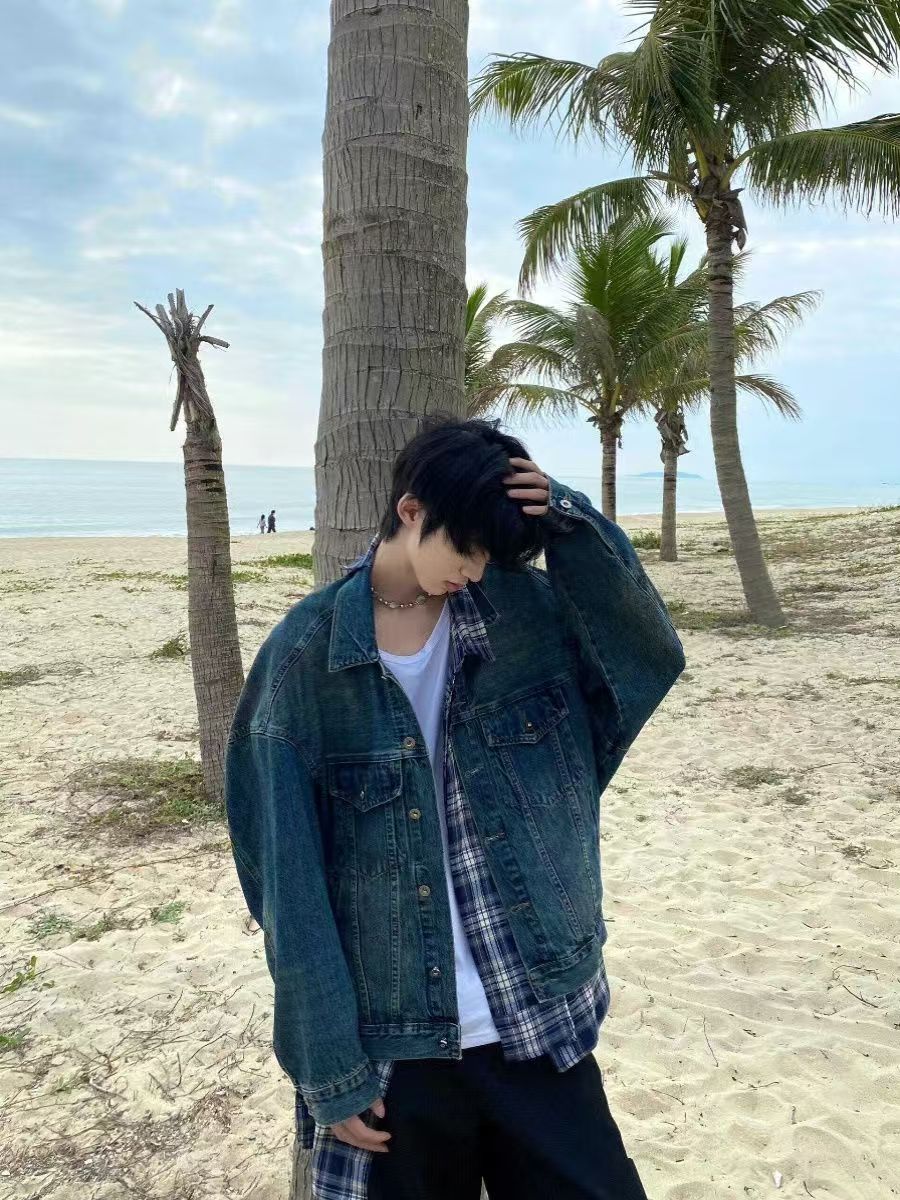 Plaid stitching denim jacket men's autumn tide brand casual loose two-piece tooling jacket