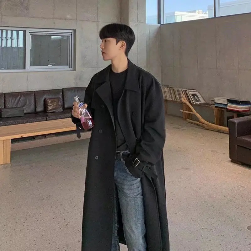 Khaki Black Trench Coat Men Fashion Autumn Oversized Long Coat Men Korean Loose Windbreaker Jacket Mens Overcoat M-2XL 240919