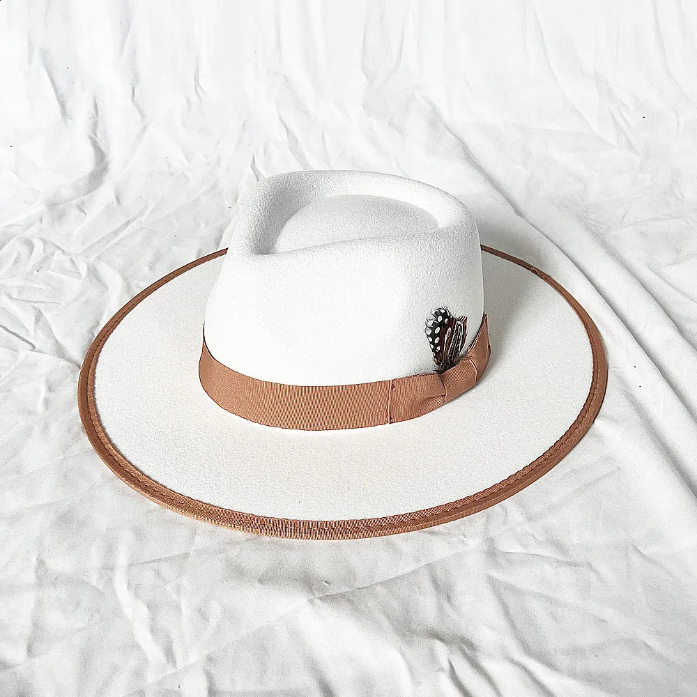 Fashion Wool Mens Feather Fedora Hat Winter Autumn Church Panama Wide Brown Retro Charm Jazz Hat 240919