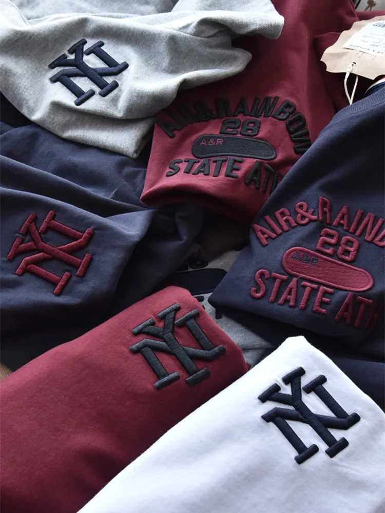 Summer American Retro Short-sleeved O-neck Letter Embroidery T-shirt Mens Fashion Simple 100% Cotton Washed Casual Sport Tops Z240919