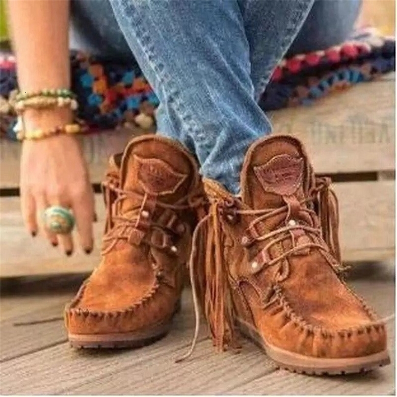 Womens boots Plus size tassel short autumn/winter flat shoes retro fashion thick soled foot boots keep warm vegetative state 240919