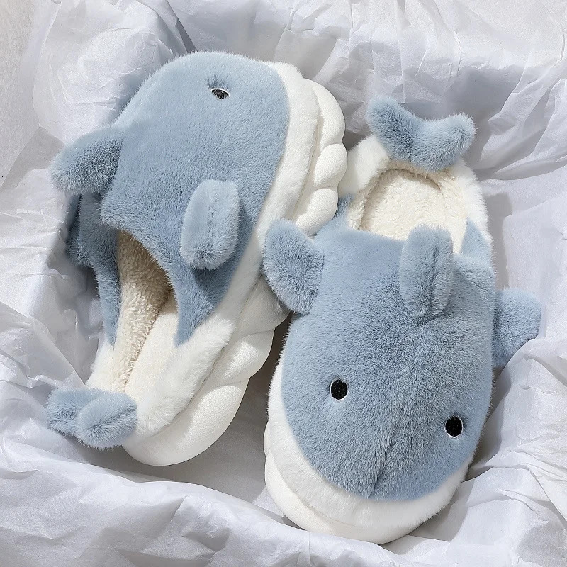 Funny Animal Shark Cotton Women's Thick Soles Home Slipper 2022 Winter New Warm Non Slip Lovely Plush Couple Slippers