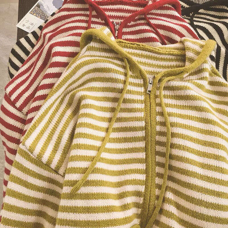 Korean Fashion Stripes Hooded Knit Cardigan Woman Red Loose Casual Autumn Winter Sweater Zipper Coat Oversized Long Sleeve Top