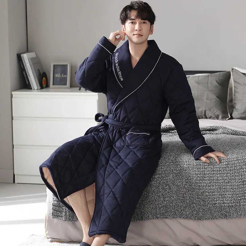 Mens Luxury Plaid Robe Autumn Winter Thick Long Bathrobes Man Cotton Soft Dressing Gown Breathable Kimono Bath Robe Plus Size Y240919