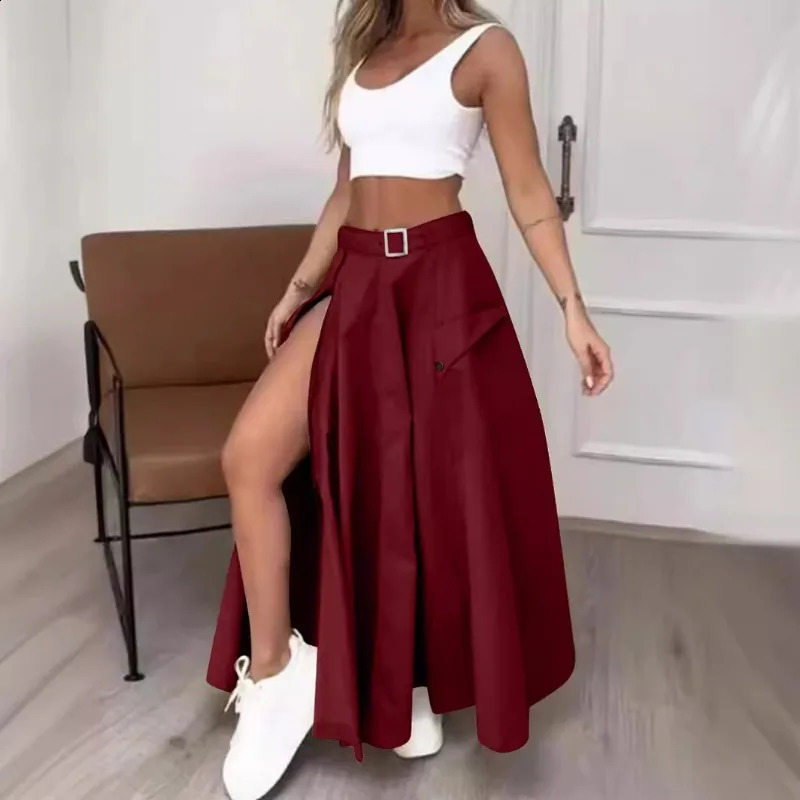 Summer Solid Color High Waist Split style Leisure Commuting Skiing Skirt 240919