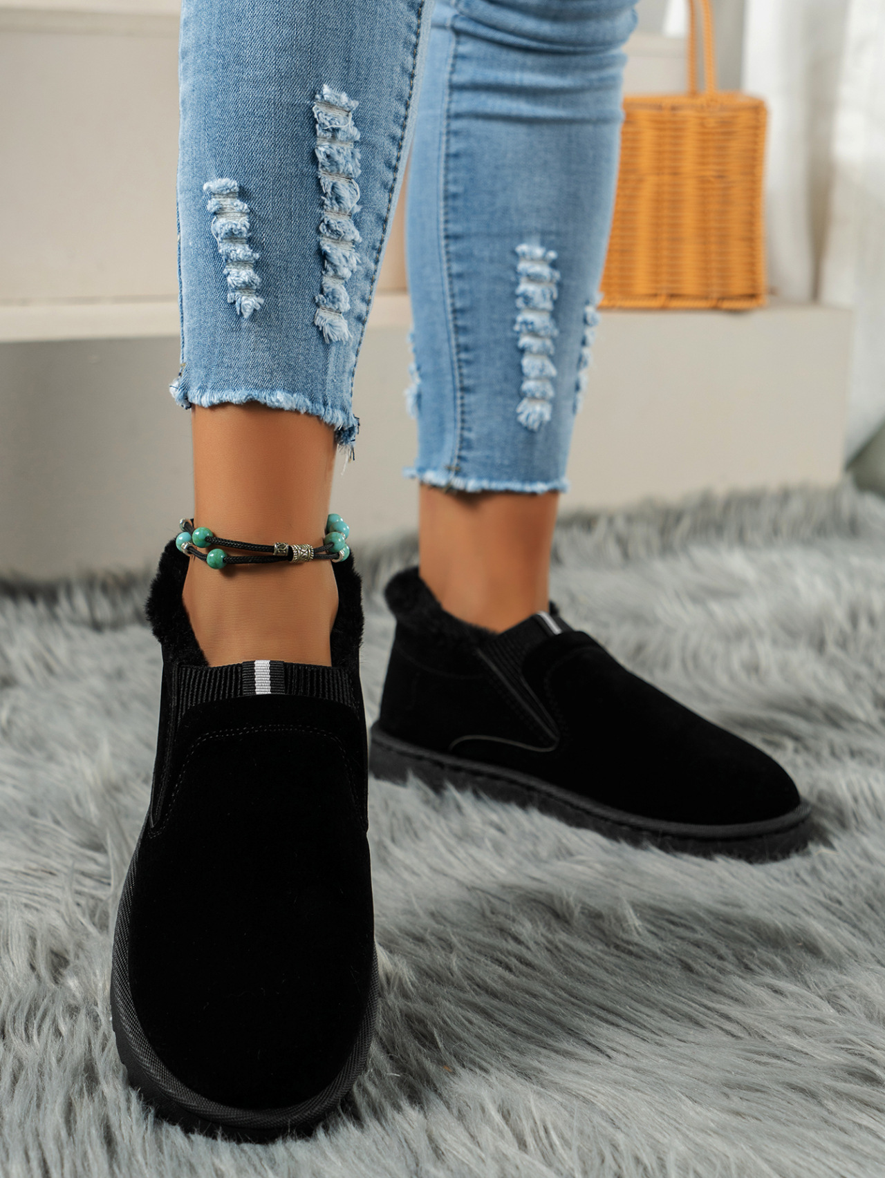 Women's Winter Boots: Plus Size Low-Top Comfort, Warm, Trendy Flat Shoes (Triple Black/Brown) a85d