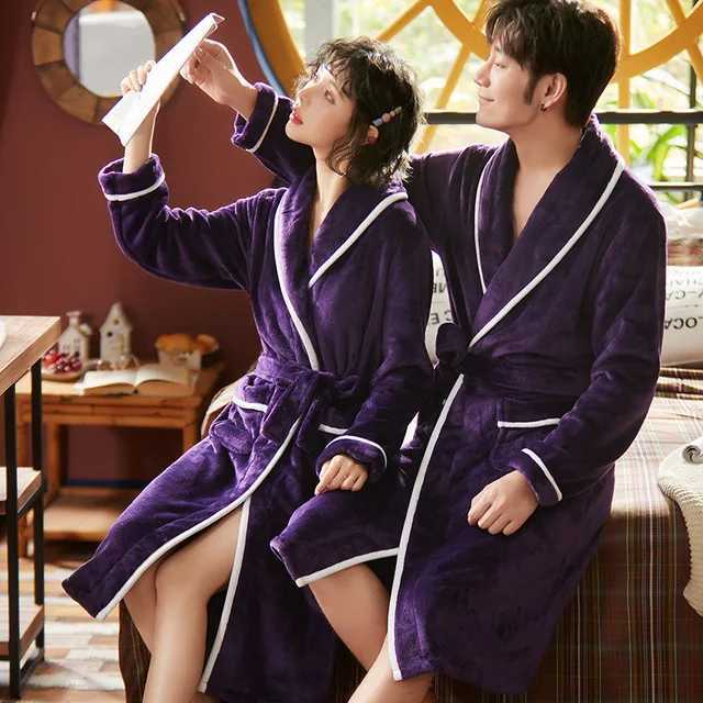 Bathrobe Mens Solid Winter Warm Long Sleeve Ladies Bath Robe Flannel Kimono with Sashes Dressing Gown for Couple 2024 New Y240919