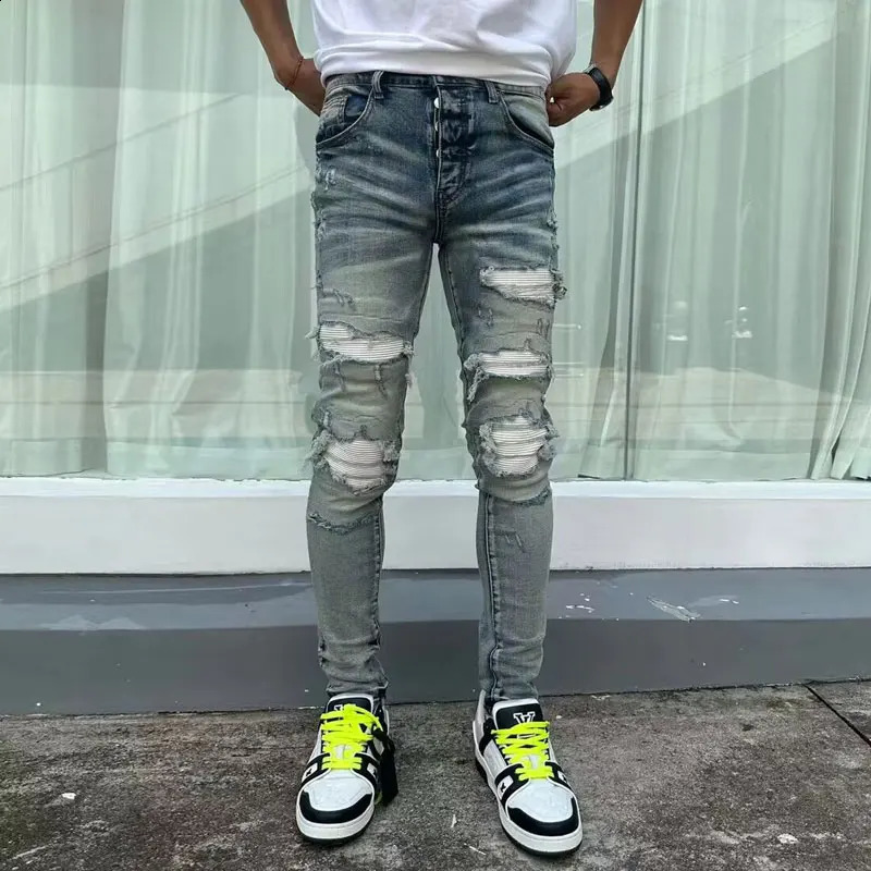 Home>Products>Retro Mens Jeans>Retro Mens Jeans>Washed Blue Stretch Tight White Patch>Stamped Jeans>Hip Hop Pants 240919