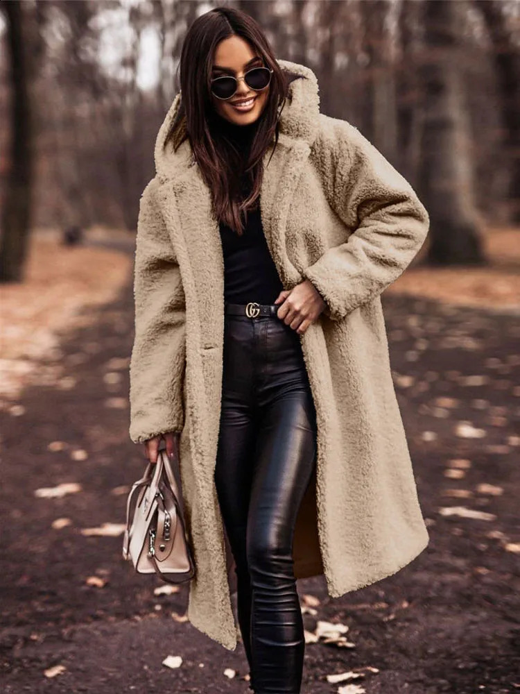 Womens faux fur coat teddy wool hooded robe Sherpa fluffy and chic open collar winter plush coat 240919