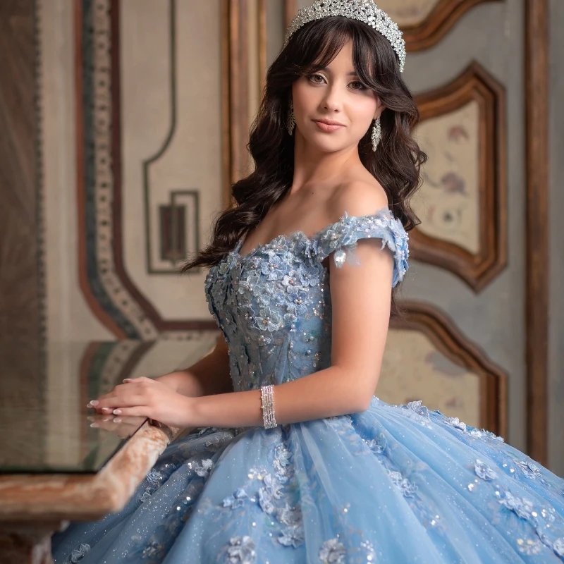 Sky Blue Shiny Princess Quinceanera Dresses Ball Gown Off Shoulder Sequin Lace Appliques Crystal Sweet 16 Dress Vestidos De 15 Anos