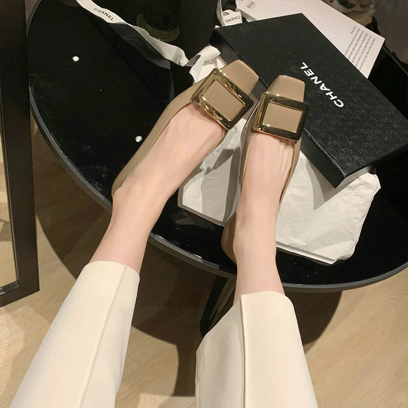 Square buckle shallow mouth thick single order shoes for women square buckle square toe low heel commuting shoes