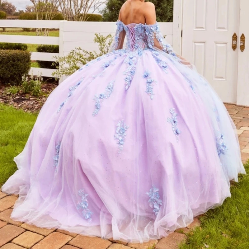 Mexico Light Lavender Quinceanera Dresses Applique Lace Beads Lace Up With Cape Party Prom Gown Vestidos 15 De Anos Sweet 16 Dress