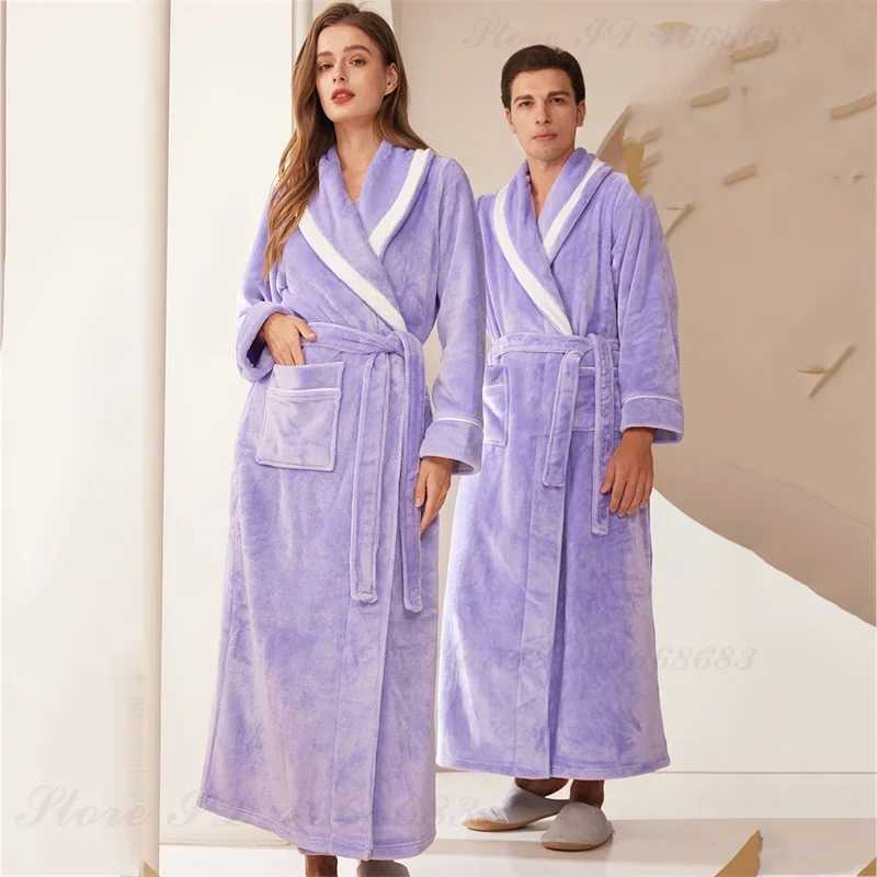 Large Size 3XL Autumn Winter Couple Sleepwear Flannel Men Long Robe Home Clothing Thicken Warm Coral Fleece Bathrobe Lounge Wear Y240919