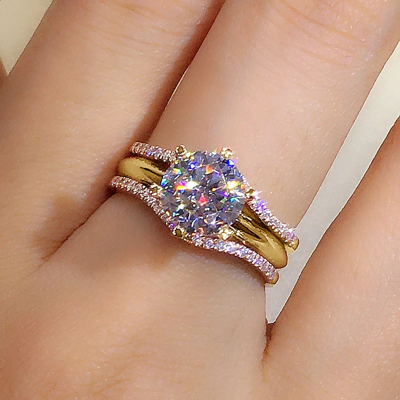 Anziw Gold Color 3.0CT Moissante Wedding Ring Bridal Set Womens Classic 2ct n Promise Band Engagement Jewelry Gift 240918