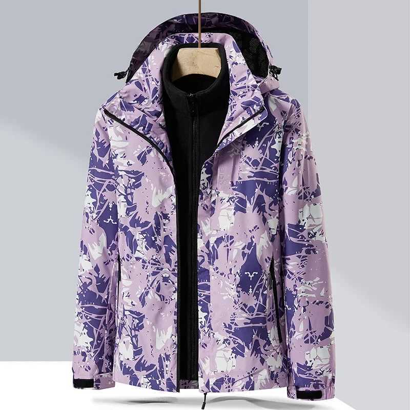 Outdoor Jacket 3 In 1 Men Women Winter Jacket Print Waterproof Windbreaker Outdoor Rain Hooded Fleece Jacket Ladies Snowboard Warm Snow Coat M240919