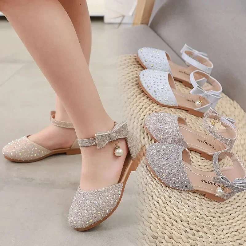 Summer Baby Girls Sandal Party Shoes Kids Banquet Princess Bg Fashion Children Sier Flat Toddler girl Sandals 241107