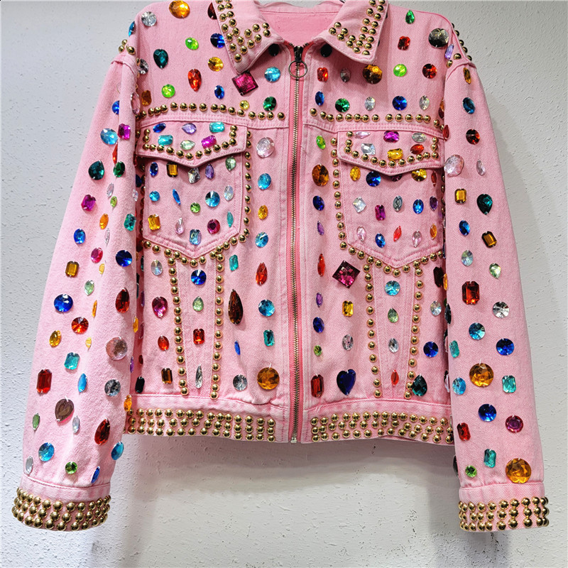 Men's Jackets Top Quality Trendy Heavy Industry Diamond Inlaid Color Coat Women Denim Jacket Fashion Style Hip Hop Ripped Jeans 230809
