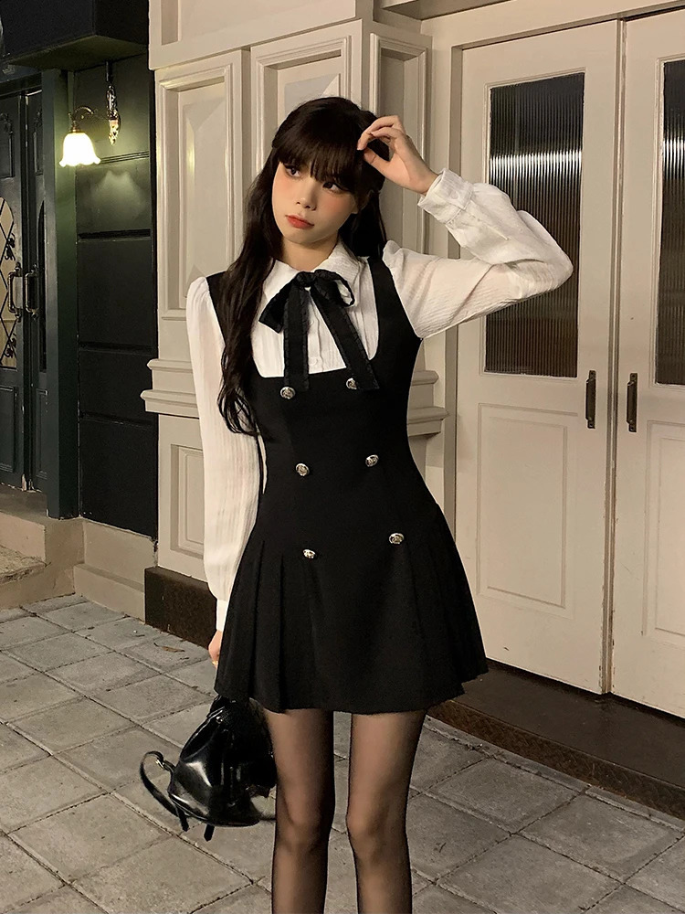Autumn Two Dress Women Slim Chic Long Sleeve Bow Casual Y2k Mini Dress Female Korean Fashion Elegant Short Party Dress 240920
